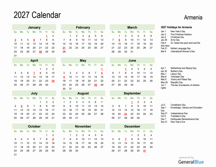 Holiday Calendar 2027 for Armenia (Sunday Start)