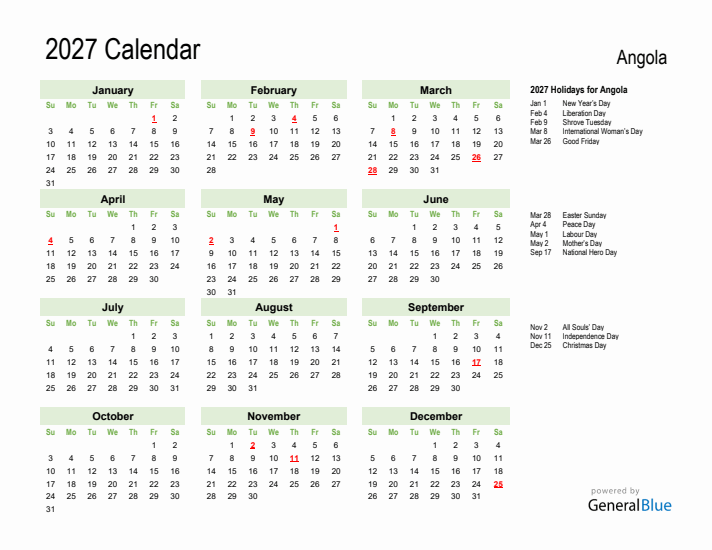 Holiday Calendar 2027 for Angola (Sunday Start)