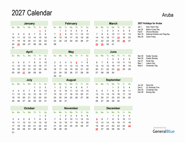 Holiday Calendar 2027 for Aruba (Sunday Start)