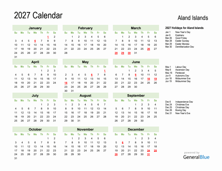 Holiday Calendar 2027 for Aland Islands (Sunday Start)