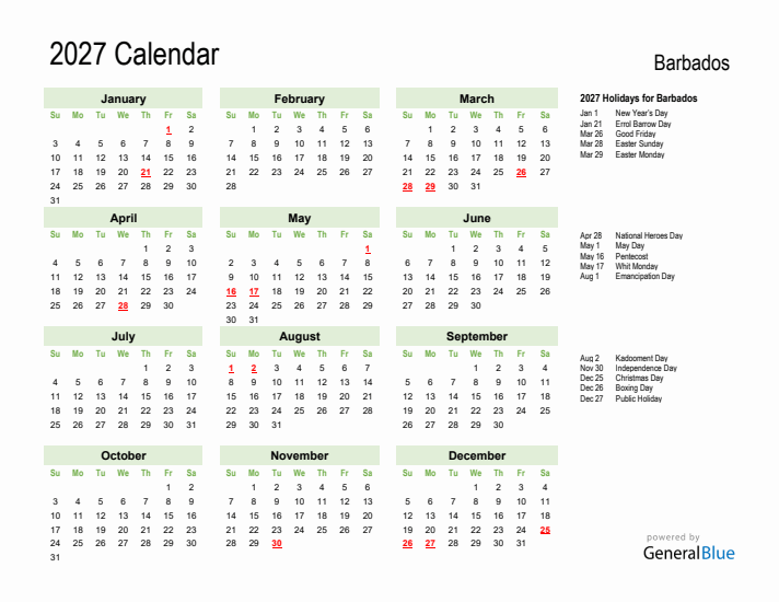Holiday Calendar 2027 for Barbados (Sunday Start)