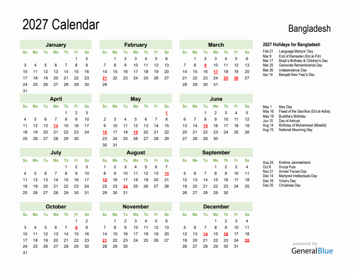 Holiday Calendar 2027 for Bangladesh (Sunday Start)