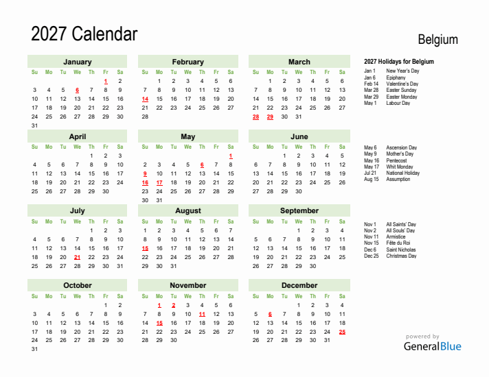Holiday Calendar 2027 for Belgium (Sunday Start)