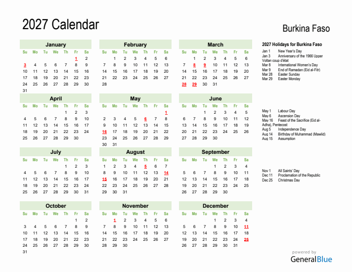 Holiday Calendar 2027 for Burkina Faso (Sunday Start)