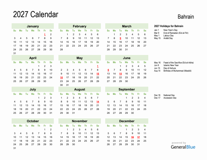 Holiday Calendar 2027 for Bahrain (Sunday Start)