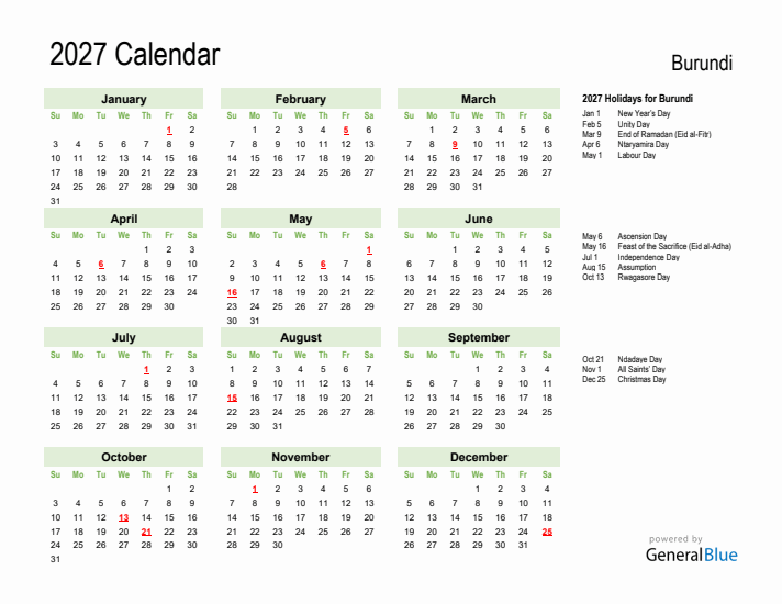 Holiday Calendar 2027 for Burundi (Sunday Start)