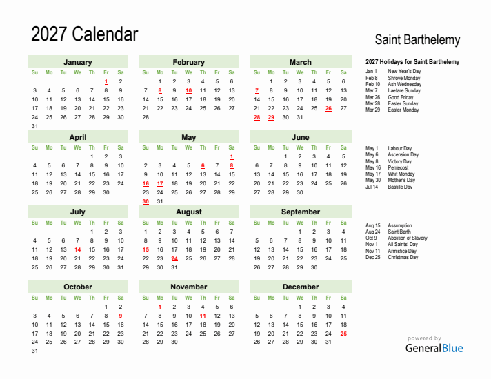 Holiday Calendar 2027 for Saint Barthelemy (Sunday Start)