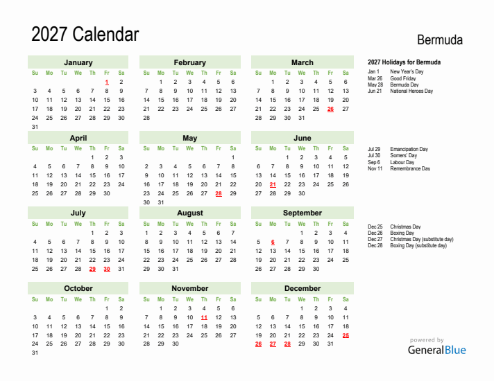 Holiday Calendar 2027 for Bermuda (Sunday Start)