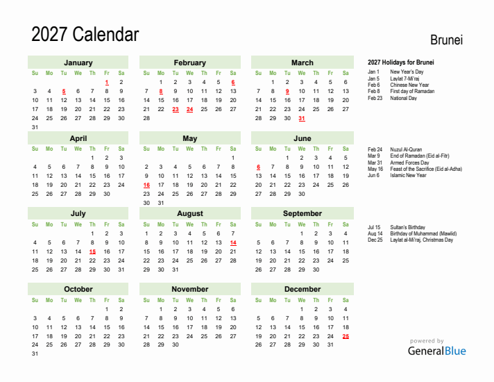 Holiday Calendar 2027 for Brunei (Sunday Start)