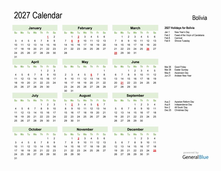 Holiday Calendar 2027 for Bolivia (Sunday Start)