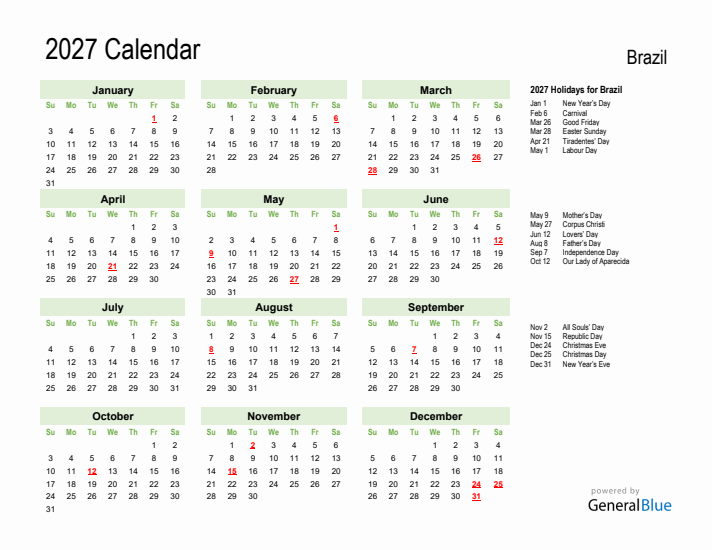 Holiday Calendar 2027 for Brazil (Sunday Start)