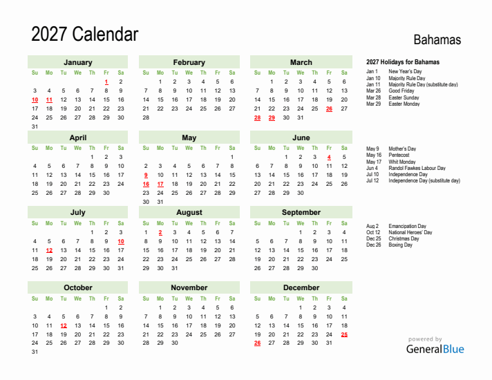 Holiday Calendar 2027 for Bahamas (Sunday Start)