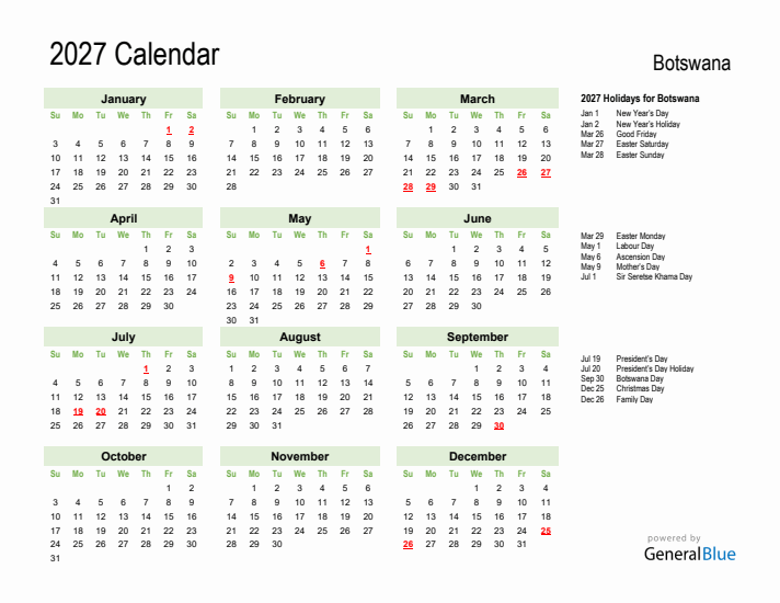 Holiday Calendar 2027 for Botswana (Sunday Start)