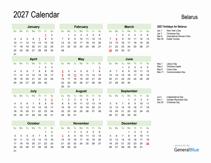 Holiday Calendar 2027 for Belarus (Sunday Start)