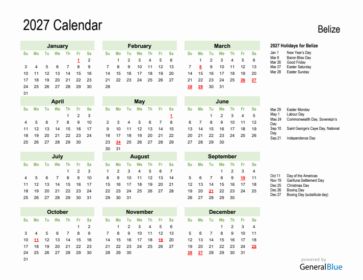 Holiday Calendar 2027 for Belize (Sunday Start)