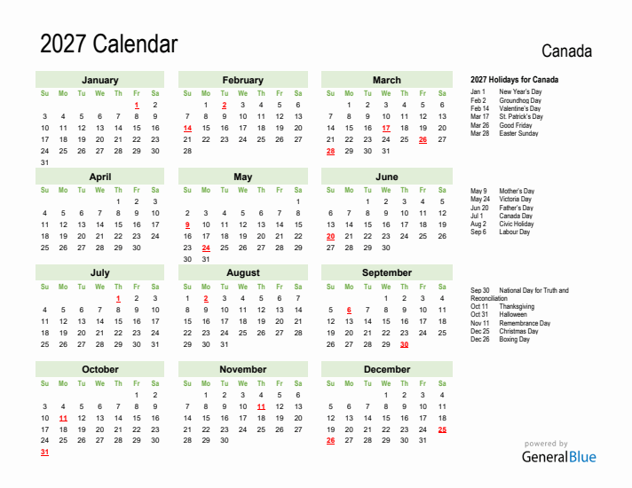 Holiday Calendar 2027 for Canada (Sunday Start)