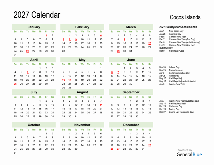Holiday Calendar 2027 for Cocos Islands (Sunday Start)