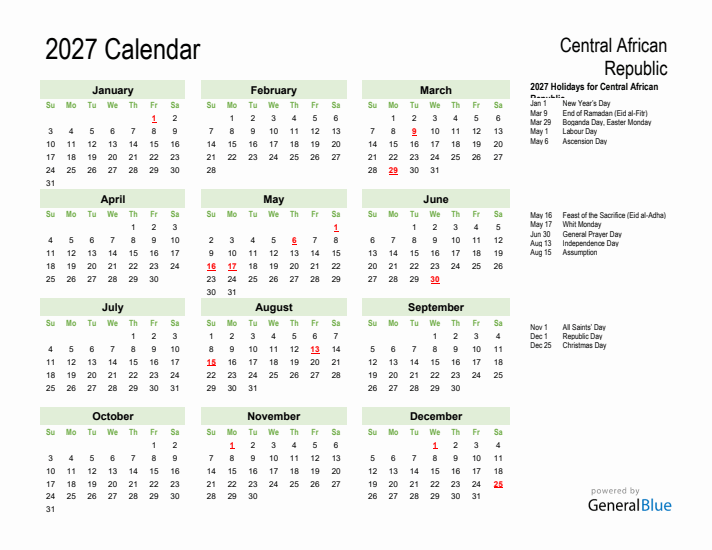 Holiday Calendar 2027 for Central African Republic (Sunday Start)