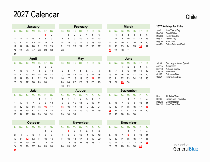 Holiday Calendar 2027 for Chile (Sunday Start)
