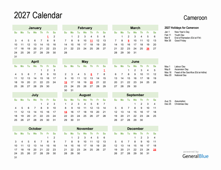 Holiday Calendar 2027 for Cameroon (Sunday Start)