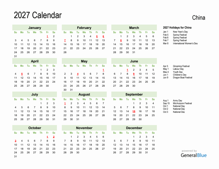 Holiday Calendar 2027 for China (Sunday Start)