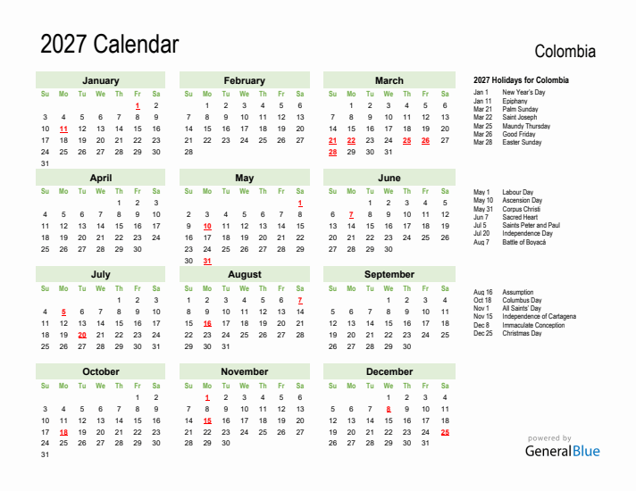 Holiday Calendar 2027 for Colombia (Sunday Start)