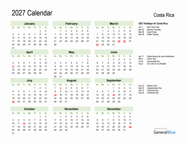 Holiday Calendar 2027 for Costa Rica (Sunday Start)