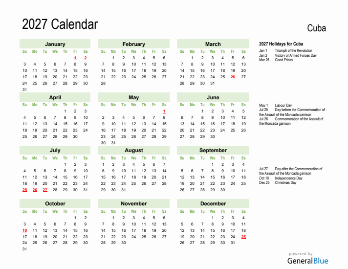 Holiday Calendar 2027 for Cuba (Sunday Start)
