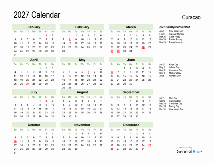 Holiday Calendar 2027 for Curacao (Sunday Start)