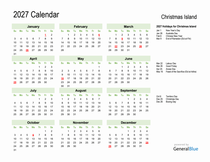 Holiday Calendar 2027 for Christmas Island (Sunday Start)