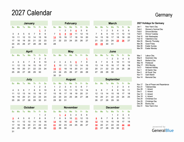 Holiday Calendar 2027 for Germany (Sunday Start)