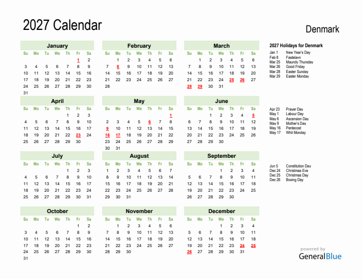 Holiday Calendar 2027 for Denmark (Sunday Start)