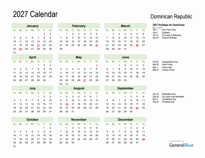 Holiday Calendar 2027 for Dominican Republic (Sunday Start)