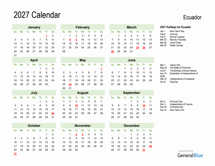 Holiday Calendar 2027 for Ecuador (Sunday Start)