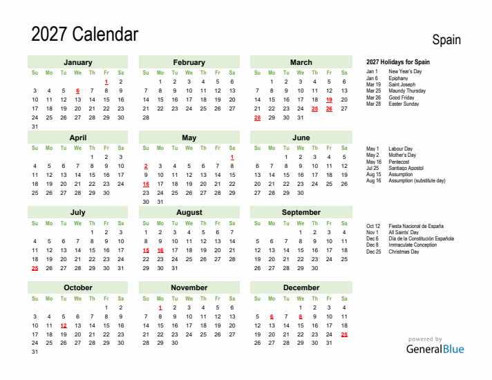 Holiday Calendar 2027 for Spain (Sunday Start)