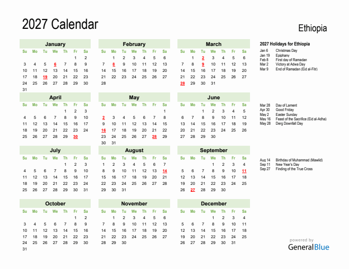 Holiday Calendar 2027 for Ethiopia (Sunday Start)