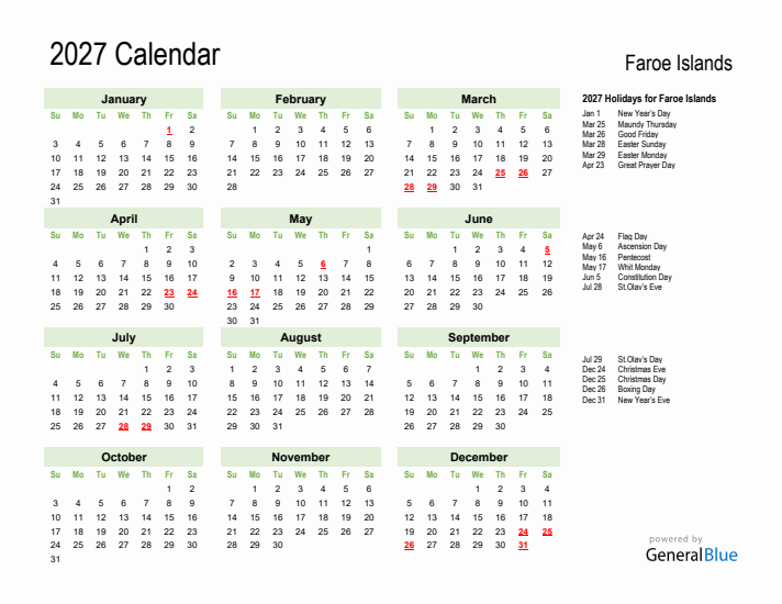 Holiday Calendar 2027 for Faroe Islands (Sunday Start)