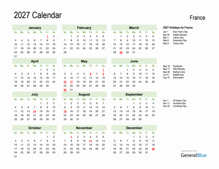Holiday Calendar 2027 for France (Sunday Start)