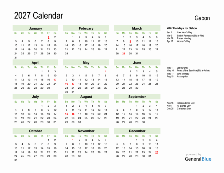 Holiday Calendar 2027 for Gabon (Sunday Start)