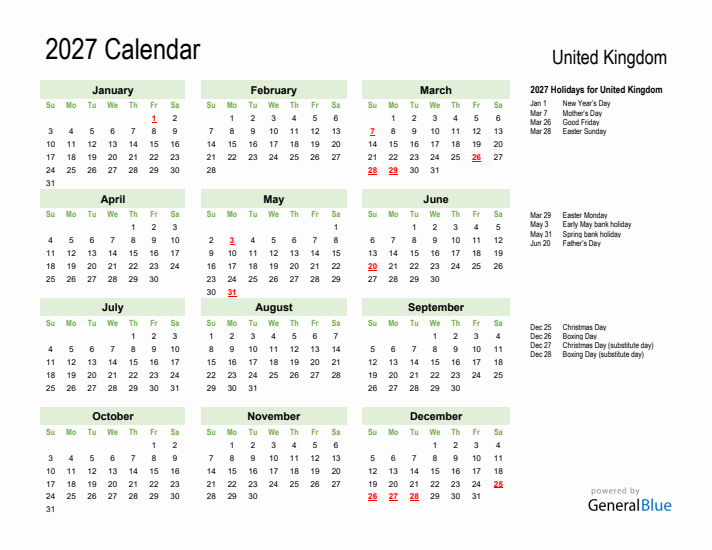 Holiday Calendar 2027 for United Kingdom (Sunday Start)