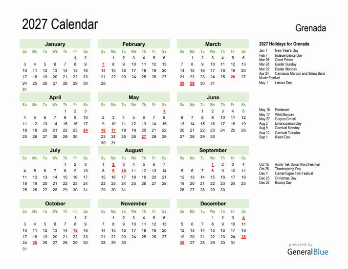Holiday Calendar 2027 for Grenada (Sunday Start)