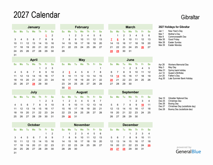 Holiday Calendar 2027 for Gibraltar (Sunday Start)