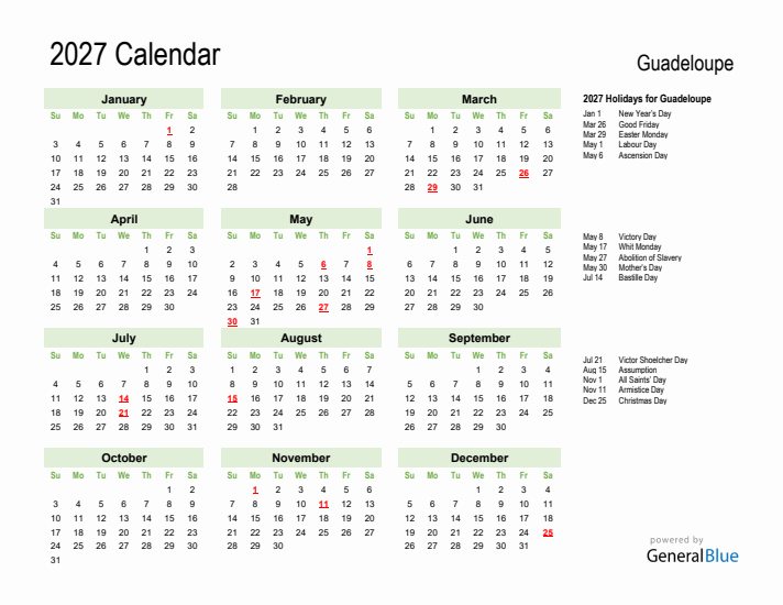 Holiday Calendar 2027 for Guadeloupe (Sunday Start)