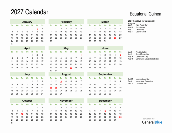 Holiday Calendar 2027 for Equatorial Guinea (Sunday Start)