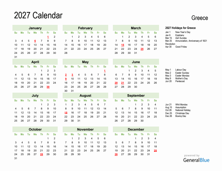 Holiday Calendar 2027 for Greece (Sunday Start)