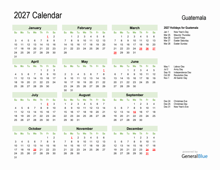 Holiday Calendar 2027 for Guatemala (Sunday Start)