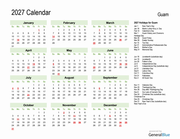 Holiday Calendar 2027 for Guam (Sunday Start)