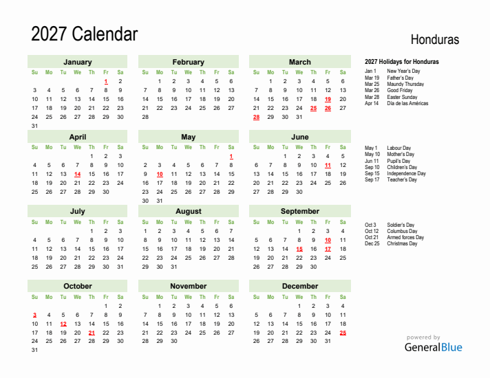 Holiday Calendar 2027 for Honduras (Sunday Start)