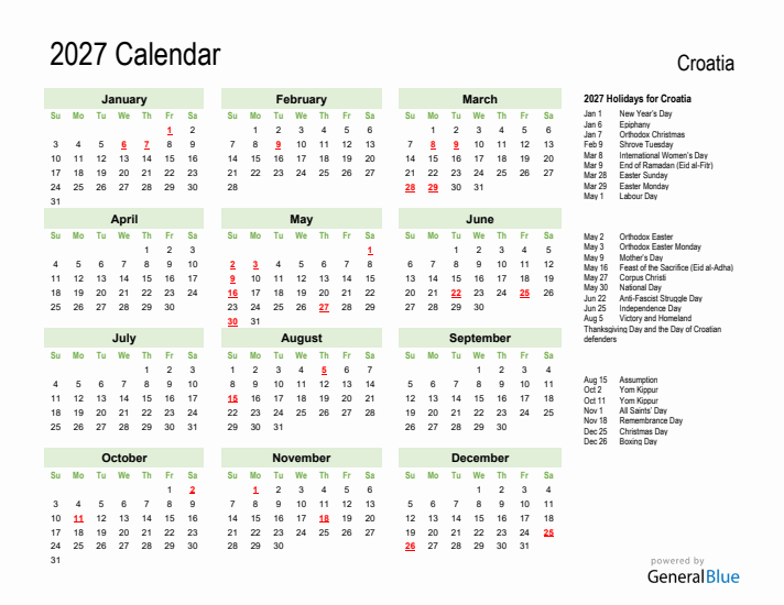 Holiday Calendar 2027 for Croatia (Sunday Start)