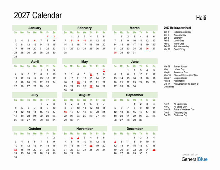 Holiday Calendar 2027 for Haiti (Sunday Start)